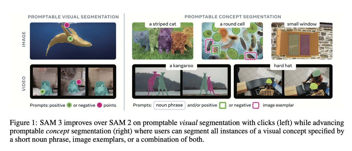 JundeMorsenWu's tweet image. Segment Anything 3 just silently dropped on ICLR 🤯

The first SAM let you click on an object to segment it.
SAM 2 added video and memory.
Now SAM 3 says: just describe what you want — “yellow school bus”, “striped cat”, “red apple” — and it will find and segment every instance…