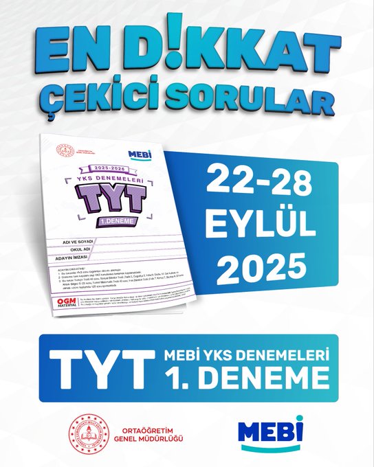 First image shows bold blue text Dikkat Cekici Sorular with purple TYT form dated 22-28 Eylul 2025 including AYT and GSM sections and MEBI logo at bottom. Second image displays Turkish test question 27 on paragraph analysis with options A through E and TYT header. Third image presents social sciences test question 1 on Gokturk history with options A through E and TYT header. Fourth image features geography test question 8 with world map highlighting regions in red and options A through E under social sciences test TYT header.
