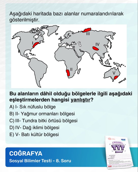 First image shows bold blue text Dikkat Cekici Sorular with purple TYT form dated 22-28 Eylul 2025 including AYT and GSM sections and MEBI logo at bottom. Second image displays Turkish test question 27 on paragraph analysis with options A through E and TYT header. Third image presents social sciences test question 1 on Gokturk history with options A through E and TYT header. Fourth image features geography test question 8 with world map highlighting regions in red and options A through E under social sciences test TYT header.