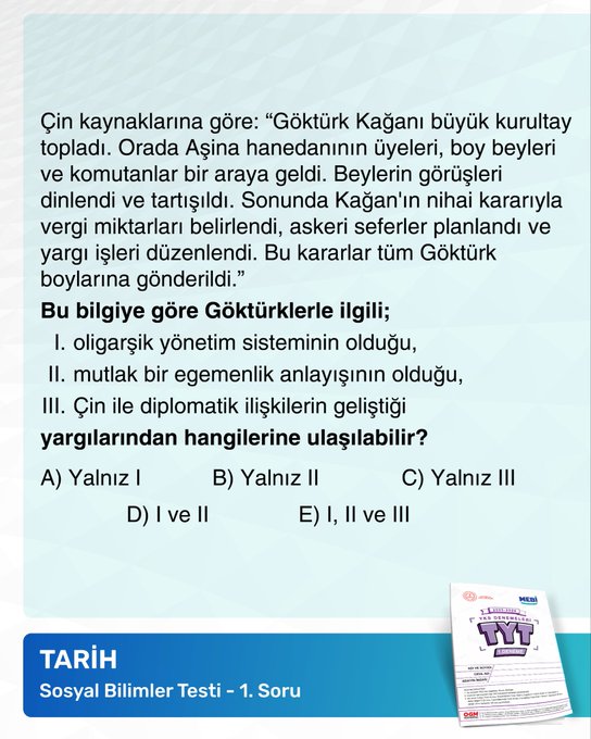 First image shows bold blue text Dikkat Cekici Sorular with purple TYT form dated 22-28 Eylul 2025 including AYT and GSM sections and MEBI logo at bottom. Second image displays Turkish test question 27 on paragraph analysis with options A through E and TYT header. Third image presents social sciences test question 1 on Gokturk history with options A through E and TYT header. Fourth image features geography test question 8 with world map highlighting regions in red and options A through E under social sciences test TYT header.