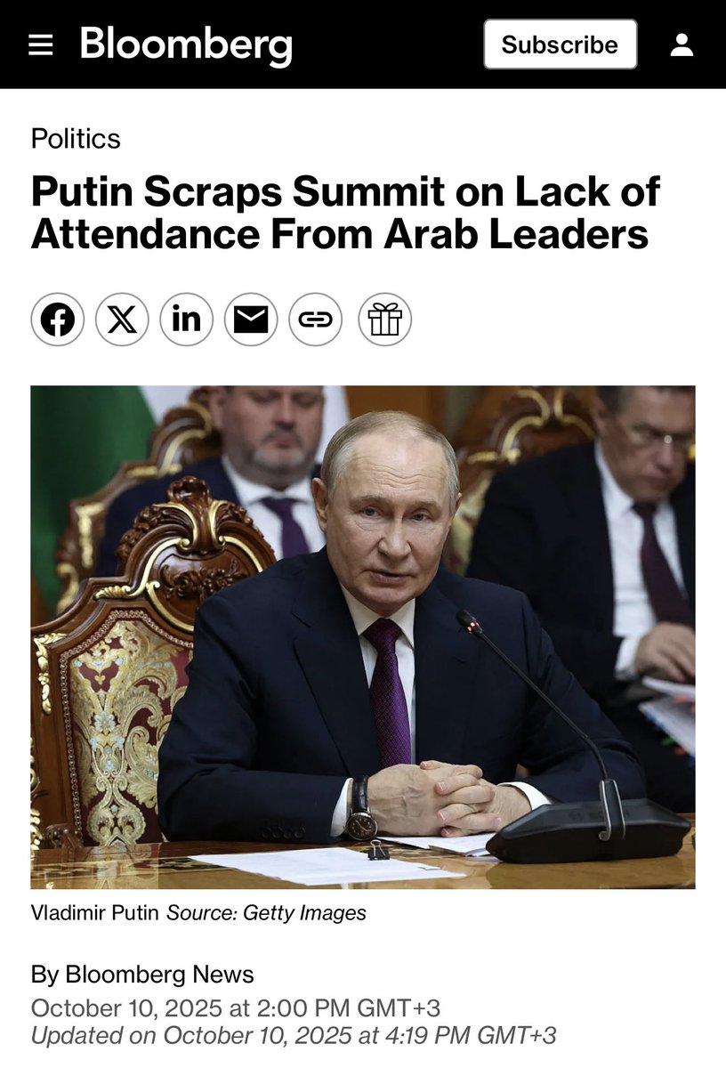 Putin has shelved plans for a major Russia-Arab summit in Moscow next week after Arab leaders declined his invitation. The snub underlines how Putin’s invasion of Ukraine has undermined Russia’s global influence 

bloomberg.com/news/articles/…