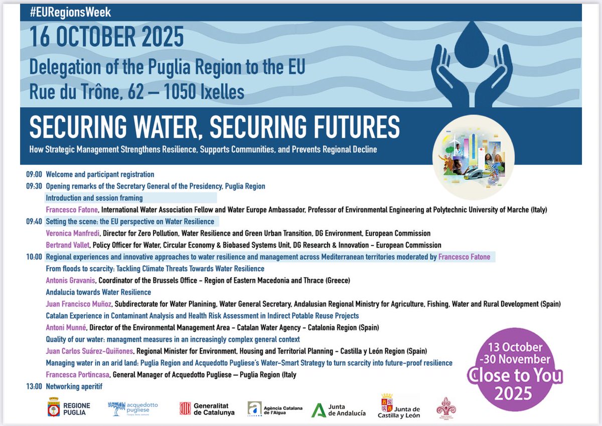 Excited to join the #EURegionsWeek 2025 session “Securing Water: Building resilience through circular innovation” on 16 October!
We’ll discuss how to strengthen water security and resilience across Europe through R&amp;I and regional cooperation.
⁦<a href="/UnivPoliMarche/">UnivPM</a>⁩