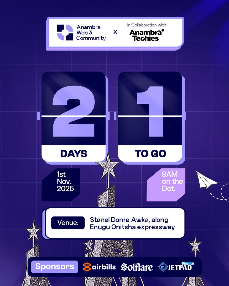 anambraweb3conf's tweet image. 21 Days To Go‼️

The biggest Web3 Conference in South-East Nigeria is almost here! 🥳
Anambra Web3 Conference 2.0
📍 Stanel Dome, Awka
🗓️ November 1st, 2025
Theme: Limitless Possibilities

Don’t just hear about it be there!

Register FREE now: lu.ma/5br1nzyi