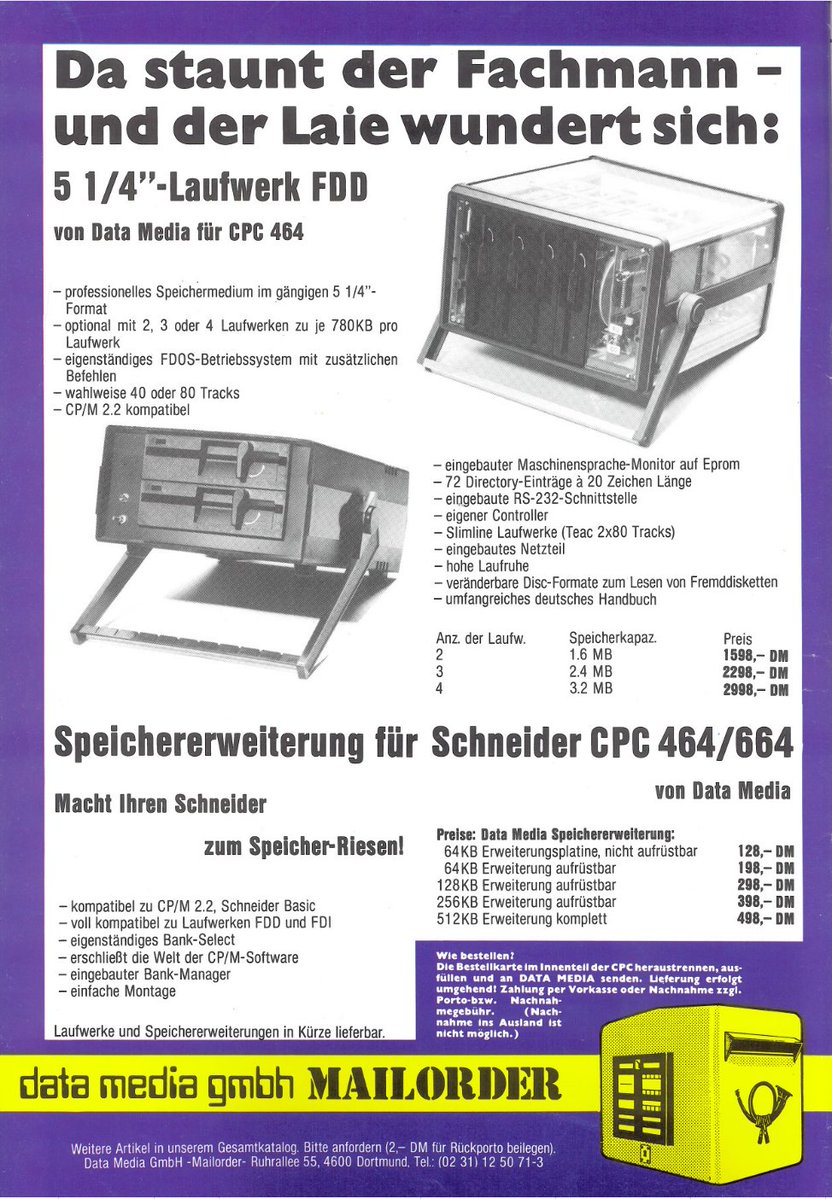 Retrojournal_de's tweet image. Da staunt der Fachmann – und der Laie wundert sich😄
5 ¼&quot;-Laufwerk FDD &amp;amp; Speichererweiterung für den Schneider CPC 464 / 664 von Data Media.
Bis zu 3,2 MB Speicherkapazität – und das 1980er Style mit CP/M 2.2 Kompatibilität!
#CPC #RetroComputing #DataMedia #SchneiderCPC #Amstrad