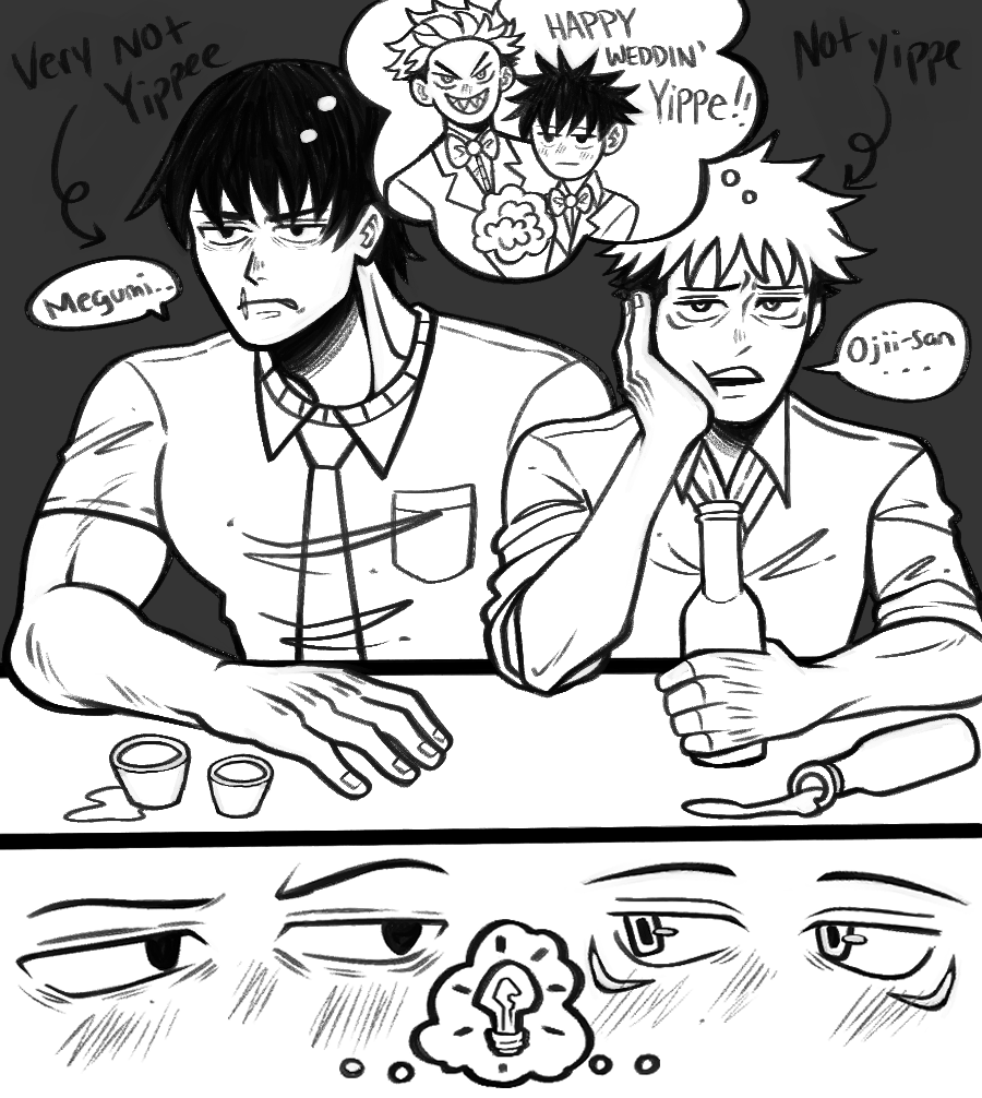 Venjt's tweet photo. @Underworld_Moon Shared with me their DELICIOUS TojiIta idea and I HAD to draw the bathroom scene hehe 😜Toji and Yuuji drinking away their pain of their loved ones marrying someone else. Then they had a brilliant idea to project onto each other 😋
#甚虎 #tojiita https://t.co/cA5rLVr8vi