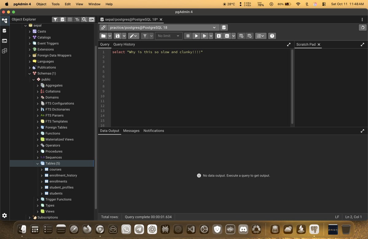 clumsy_yash's tweet image. Why is pgAdmin&apos;s performance as bad as dogshii 😤!?? Even when it&apos;s opensource! 🫤
Switched back to DBeaver instantly!
#SQL #Postgres #Dev