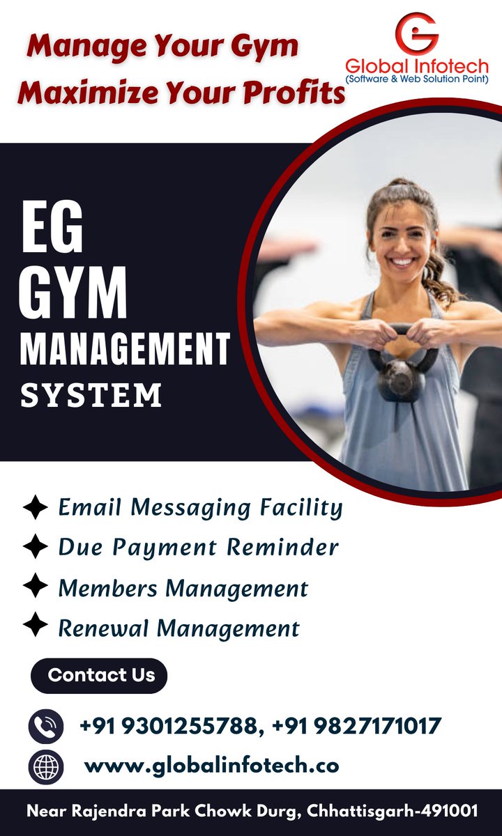 globalinfodurg's tweet photo. 💪 Smart Gym Management Now in Bhaiyathan!
✅ Member &amp; Staff Management
✅ Automated Billing &amp; Renewals
✅ Attendance Tracking
✅ Personalized Workout &amp; Diet Plans
✅ SMS Alerts &amp; Custom Reports
📲 Learn More: https://t.co/zHzEbE7T3y
📞 Call Us: 9827171017 | 9301255788
#SmartGym https://t.co/Rq7C8jdxMq