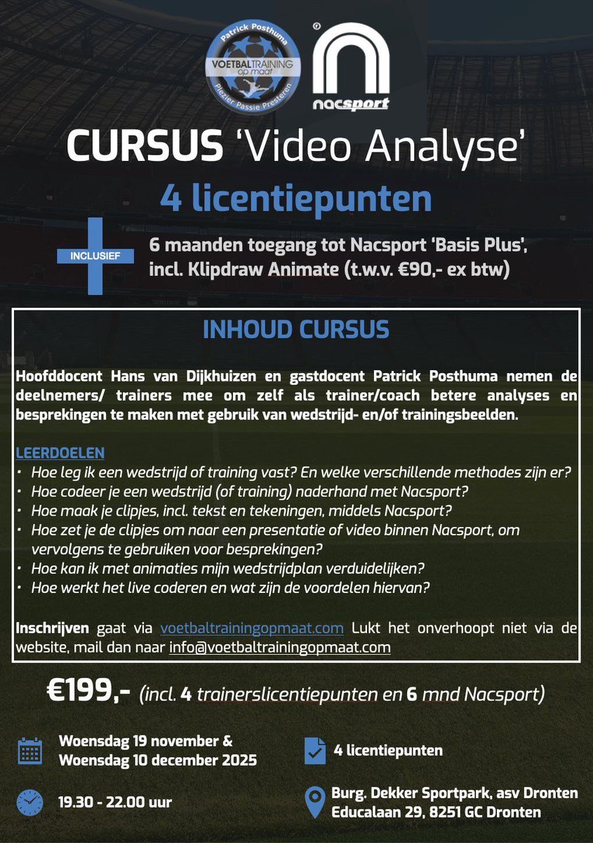 Vier (4) licentiepunten na het afronden van de cursus ‘video analyse’. Plus zes (6) maanden <a href="/Nacsport/">Nacsport</a> na het voltooien van de twee avonden. Ga snel naar onze webshop en meld je aan! #knvb #licentie #videoanalyse