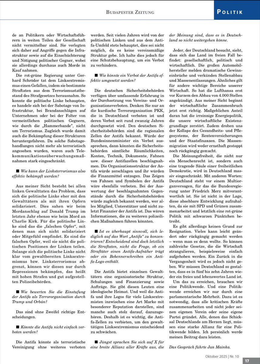 Hans-Georg Maaßen (@hgmaassen) on Twitter photo „Die Antifa kann ohne weiteres verboten werden.“
Hans-Georg Maaßen in aktuellem Interview <a href="/BudapestZeitung/">Budapester Zeitung - seit 1999</a>
<a href="/jan_mainka/">Jan Mainka</a>
TM „Die Antifa kann ohne weiteres verboten werden.“
Hans-Georg Maaßen in aktuellem Interview <a href="/BudapestZeitung/">Budapester Zeitung - seit 1999</a>
<a href="/jan_mainka/">Jan Mainka</a>
TM