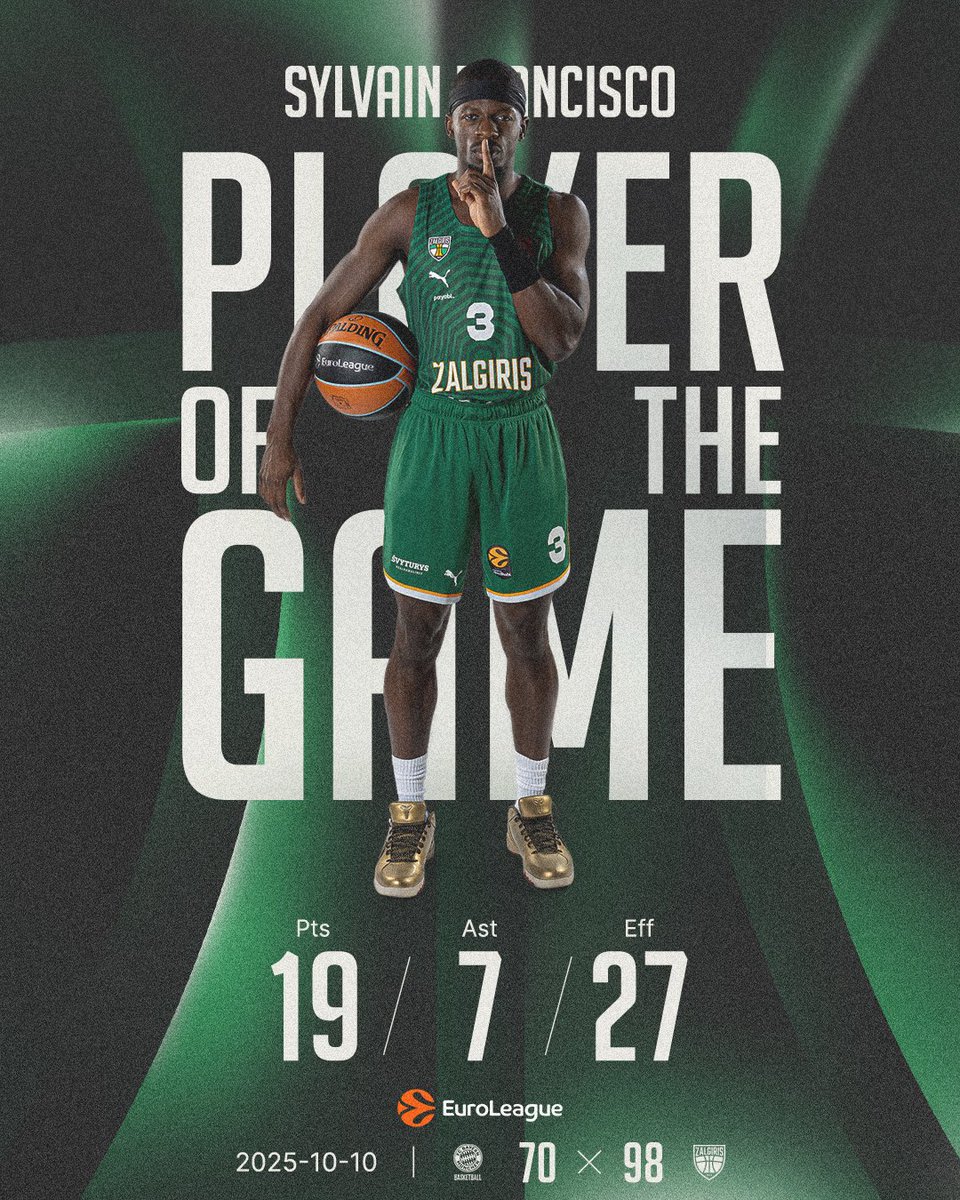 bczalgiris's tweet image. Last night, Sylvain Francisco was named Player of the Game in the @EuroLeague matchup, finishing with 27 EFF and helping the team to its third straight W. 😮‍💨