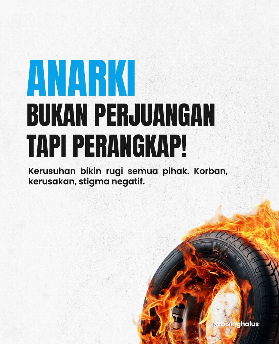 bisinghalus's tweet photo. Perjuangan sejati tak lahir dari kekacauan.
Anarki hanya meninggalkan luka, kerusakan, dan stigma negatif bagi semua pihak.
Mari suarakan aspirasi dengan cara damai dan cerdas. ✊🇮🇩

#DamaiItuKuat #IndonesiaBersatu #StopAnarki #CintaTanahAir https://t.co/lH1FLbm2a3