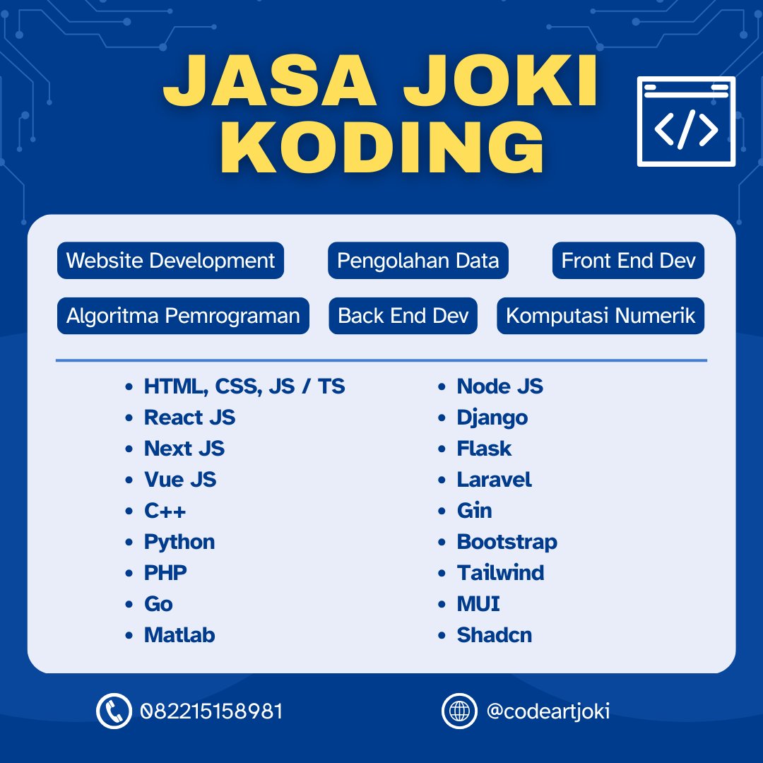 codeartjoki's tweet image. Open joki koding joki coding joki web pemrograman html, css, javascript, typescript, react js, next js, vue jd, c++, python, R, perl, php, go, matlab, node js, django, flask, dll #jokicoding #jokikoding #jokiweb