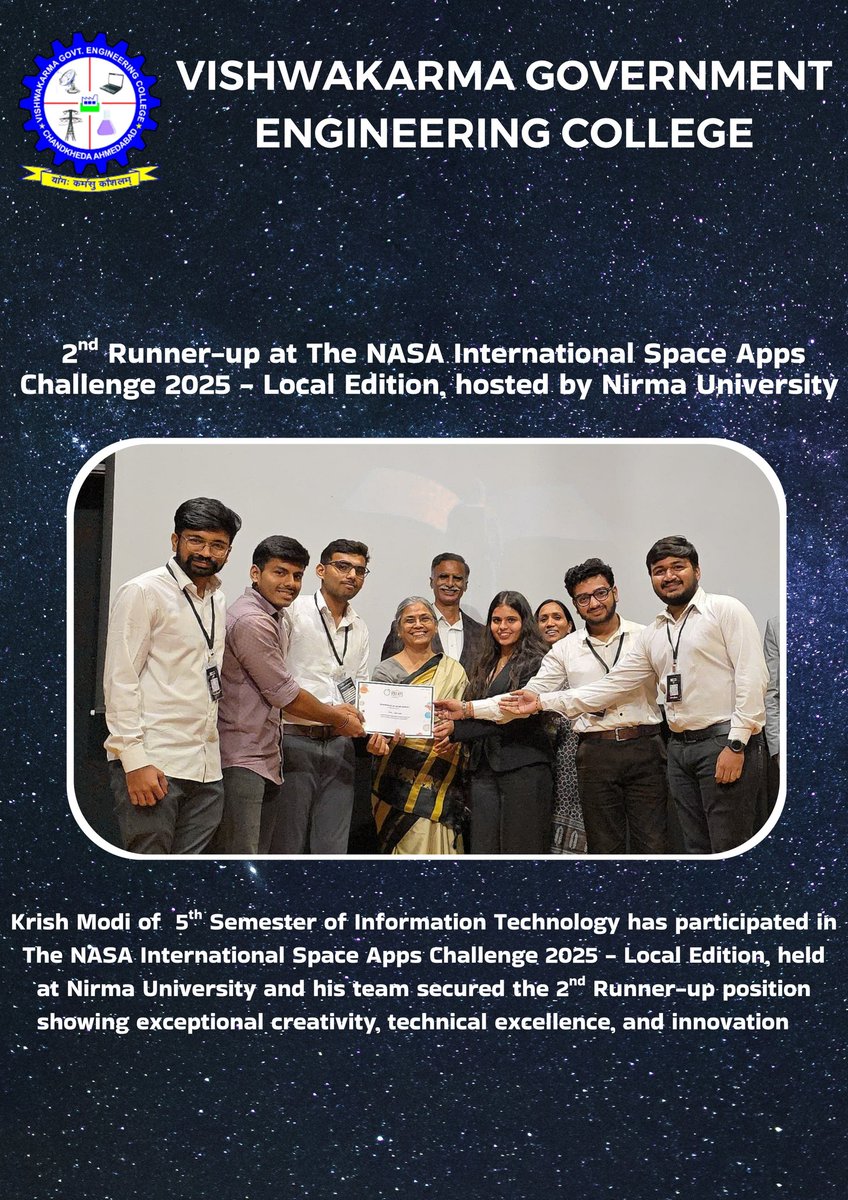 OfficialVgec's tweet photo. VGEC shines at NASA Space Apps 2025! 🚀
Krish Modi (IT, Sem 5) secures 3rd rank in the Local Edition at Nirma University! 🌍
Congrats to the team advancing to the Global Round! #VGEC #NASAspaceapps https://t.co/WWLjEW614w