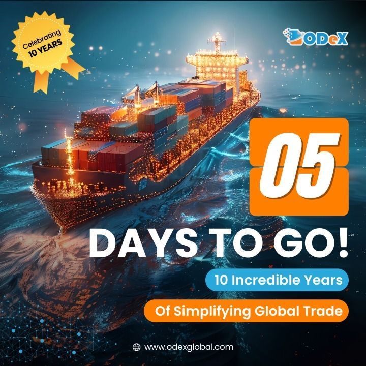 🎉 5 Days to Go!

ODeX is turning 10—and we’re celebrating a decade of digital transformation in logistics.

From paperwork to platforms, we’ve changed the game—and we’re not done yet.
🚢📈🌍

#ODeXTurns10 #SmartShipping #DigitalTrade #SupplyChainSimplified #ODeXGlobal