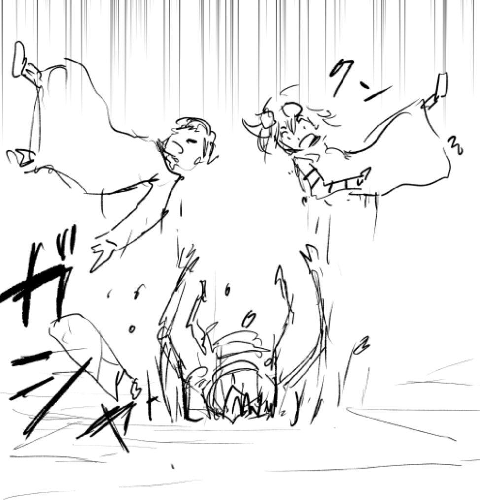 ちなみに激突のシーンですが、最初左のように上に投げるようなネームを描いたのですが、担当さんに「それはさすがに…」と言われて、右のように支える形に変えて、(けど衝撃を吸収できないのは同じだなぁ)と思っていたところ、あきまさんが素晴らしいアイデアを出してくれた経緯があります。感謝! 