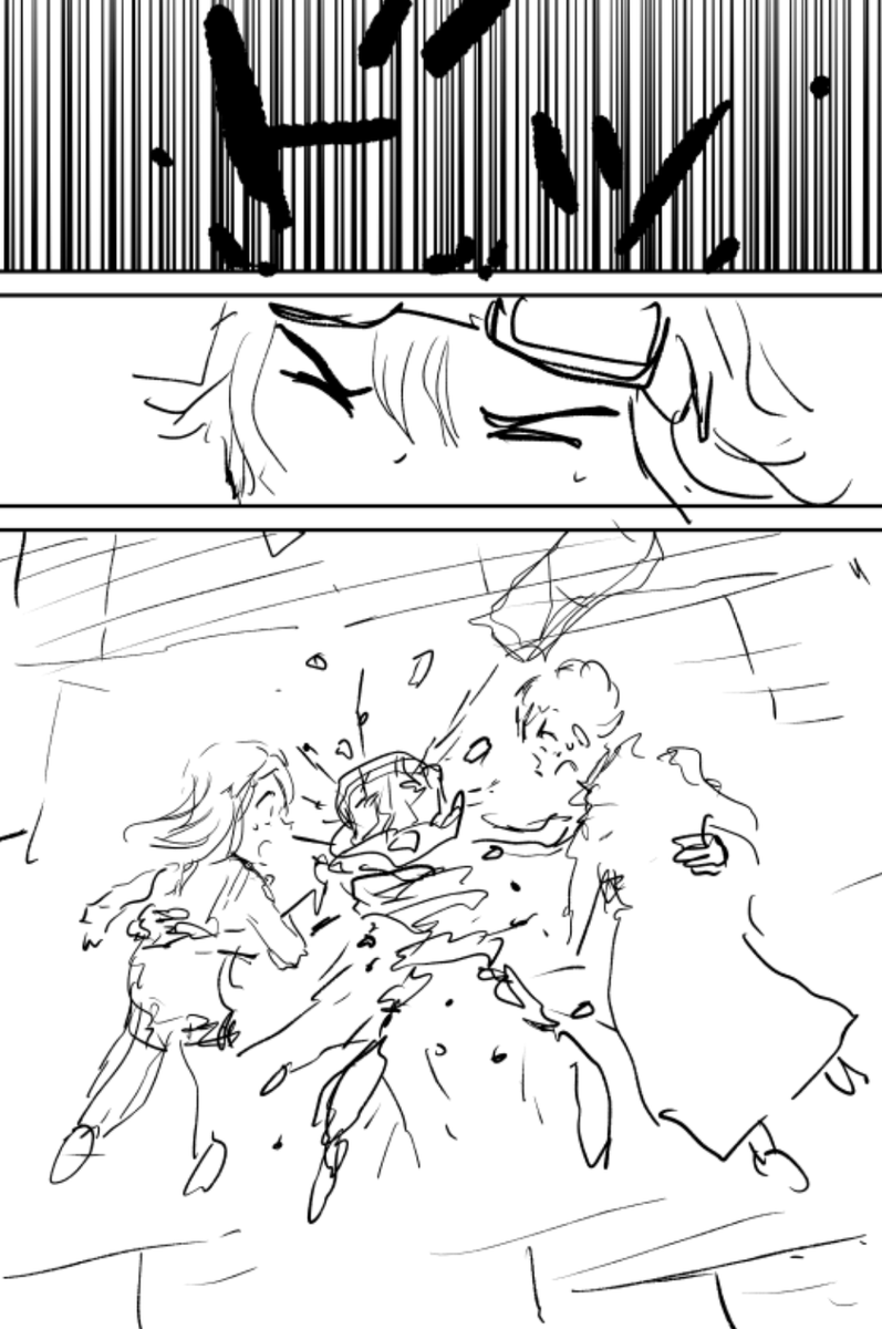ちなみに激突のシーンですが、最初左のように上に投げるようなネームを描いたのですが、担当さんに「それはさすがに…」と言われて、右のように支える形に変えて、(けど衝撃を吸収できないのは同じだなぁ)と思っていたところ、あきまさんが素晴らしいアイデアを出してくれた経緯があります。感謝! 