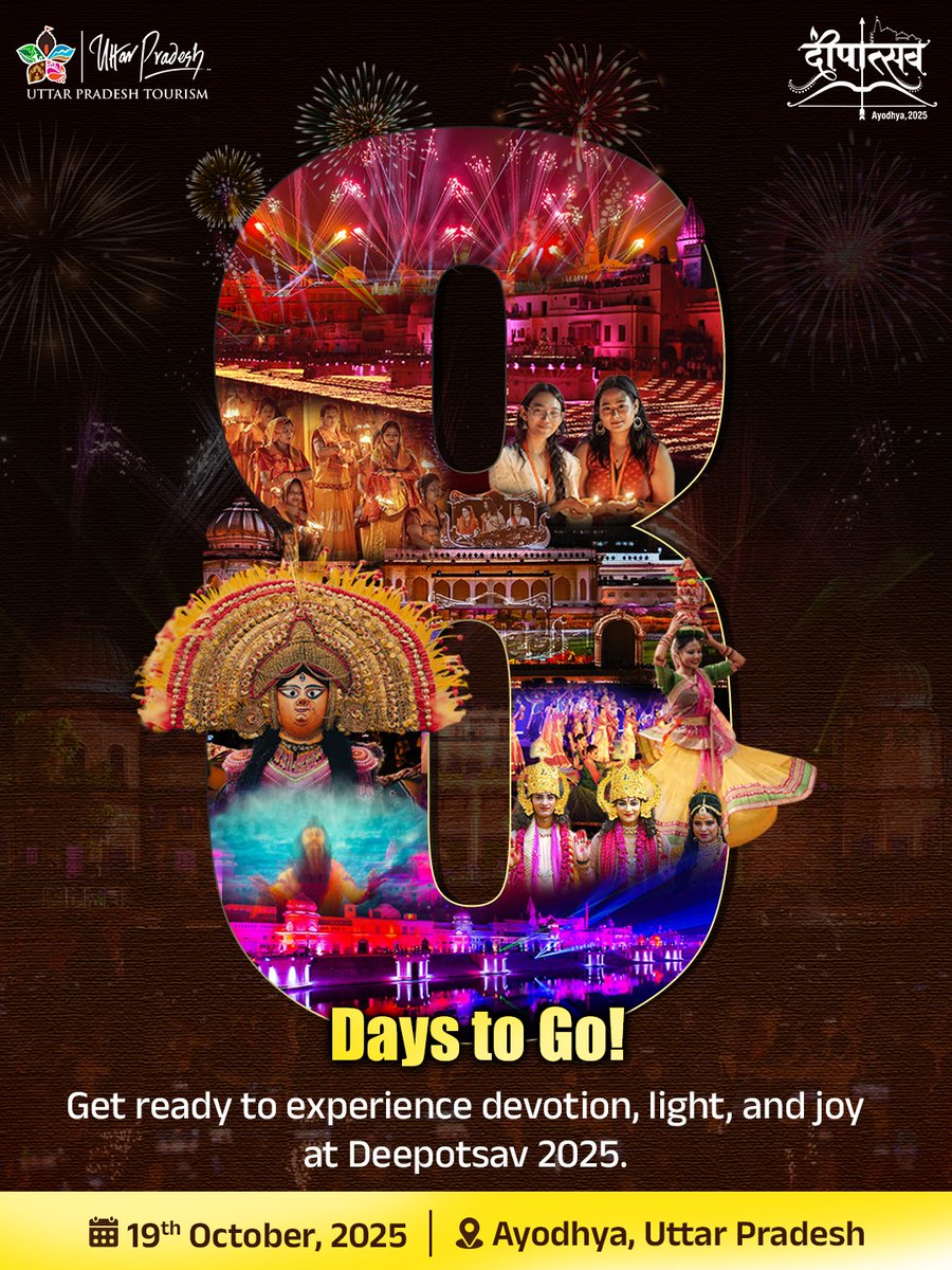 uptourismgov's tweet image. Feel the rhythm of devotion and the glow of divinity at Deepotsav 2025. Save the date, 19th October, and be part of this historic celebration. The world’s grandest celebration of light is coming!
#Deepotsav2025 #AyodhyaDeepotsav #DivineAyodhya #LightOfDevotion #RamNagariAyodhya…