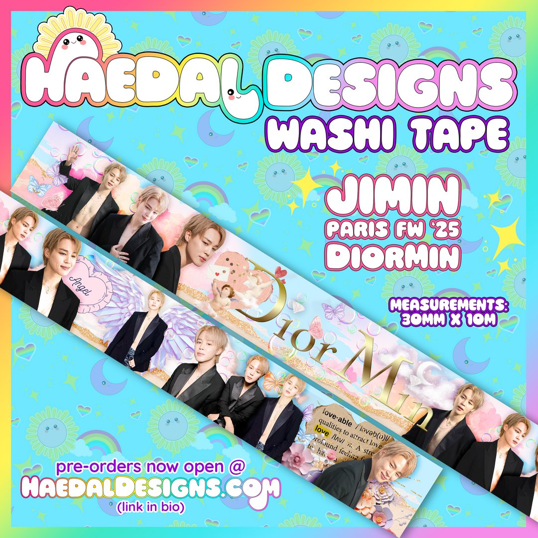 HaedalDesigns's tweet photo. ✨PRE-ORDERS OPEN✨ DiorMin 2025 Washi 🖤 

30mm of Paris Fashion Week Jimin with wings, clouds, butterflies… and no shirt 😮‍💨 For journaling, scrapbooking, or just emotionally spiraling 💅

💌 Shop Now: https://t.co/80Bq4HBP3O 

#Jimin #DiorMin #BTS #WashiTape #KpopMerch https://t.co/gOjgD6AgDP