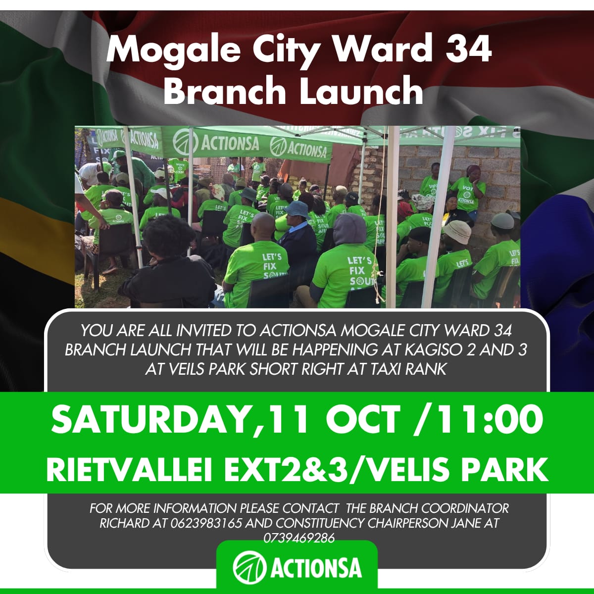 ActionSA_GP's tweet photo. Whether ko Joburg kgotsa Mogale City, Gauteng residents are waking up to the reality that ActionSA is the party for the present and future. Join us us at https://t.co/N3GdD9hv4v as we continue to launch our branches

#GautengGettingGreener
#OnlyACTIONWillFIXGauteng https://t.co/PMLOh5oCn0