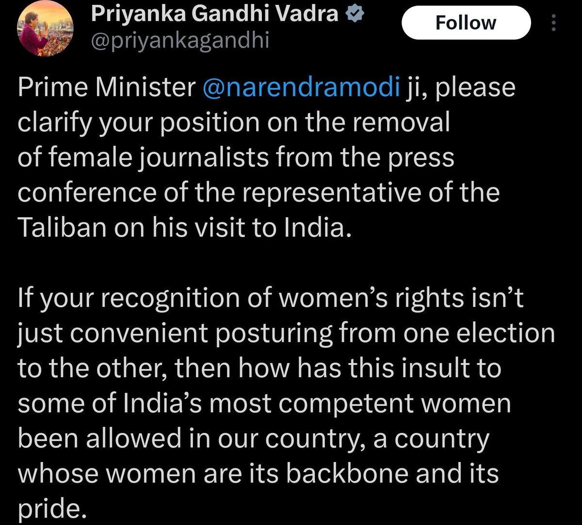 aravind's tweet image. Priyanka ji is wrong in this wanting to impose Hindu culture on Muslims of foreign nations inside their home (Embassy).
It is my opinion that we should not be imposing such principles of "brahminical" Hindutva culture, like "equal respect to women", on other country Muslims :)
