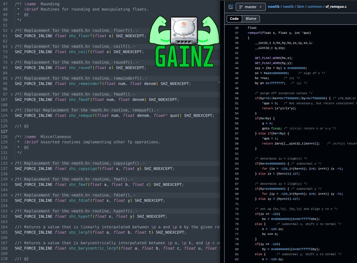 falco_girgis's tweet image. So the other day I decided to go through all of the C standard library&apos;s &amp;lt;math.h&amp;gt; and C++&apos;s &amp;lt;cmath&amp;gt;, using all of its functions in Compiler Explorer, to see what the generated SH4 assembly looked like for the Sega Dreamcast with our SH GCC15 toolchain...

And my GOD does it look…