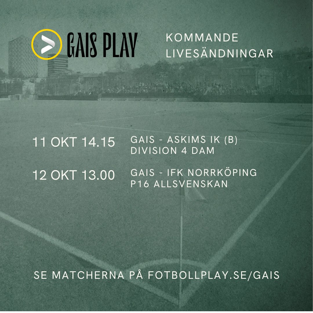 Helgens streamade matcher! Damernas säsongsavslutning på lördagen och P16 hemma mot Norrköping på söndagen. fotbollplay.se/gais/tabla