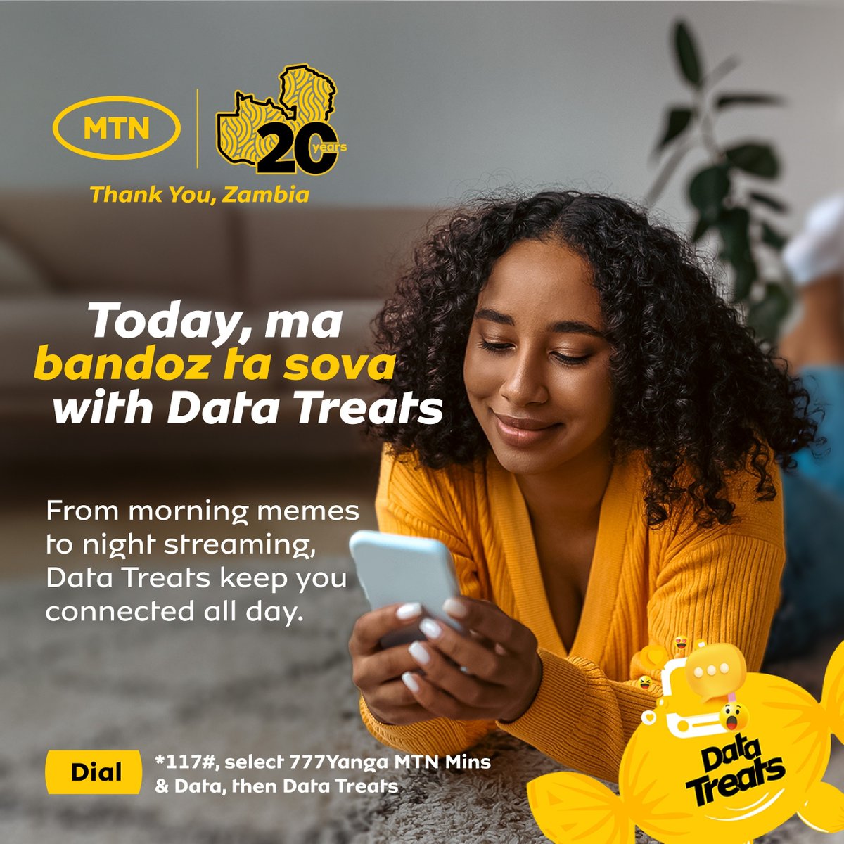 MTN_Zambia's tweet image. Saturday made easy with Ma Data Treats, Muntu Wandi!
Dial *117# → 777Yanga and enjoy endless data your way, browse, stream and connect all day. 💛
#MTNZambia #MaDataTreats #WhatAreWeDoingToday