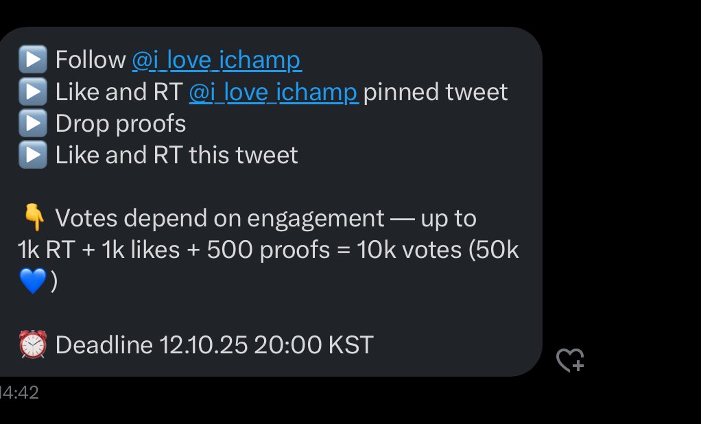 [251011] RT DEAL

🗳️ Show Champion Pre-vote

🏆 Reward depends on engagements
UP TO 1k likes + 1k RTs + 500 proofs = 10k votes

RULES:
- follow <a href="/i_love_ichamp/">I love IdolChamp</a> 
- like &amp; rt <a href="/i_love_ichamp/">I love IdolChamp</a> pinned 📌
- like &amp; rt this tweet
- drop proofs

⏰ ends 10/12 at 8pm KST

#izna #이즈나