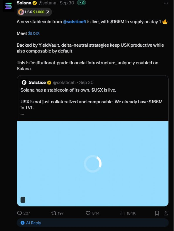 #Airdrop Solstice ☀️

Missed Plasma? Don’t miss Solstice — a yield-backed stablecoin project on Solana, already mentioned multiple times by Solana itself.

💰 7.5% of $SLX supply for early users via the Flares program
📈 TVL on day 1: $166M
🗓 TGE: December
⏰ Join early (first 2