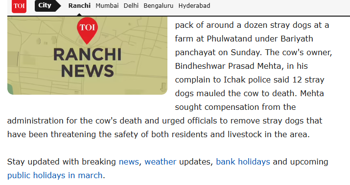 TravelsKunal's tweet photo. Stray dogs kill cow in Ranchi

Source: Times of India

@Dept_of_AHD, @India_NHRC,@KartiPC,@VijayGoelBJP, @DARPG_GoI @MoHFW_INDIA @LalanSingh_1, @narendramodi,@MLJ_GoI , @PMOIndia @AtulGargBJP, @GeorgekurianBjp, @spsinghbaghelpr, @MoHUA_India, @Min_FAHD https://t.co/E8bUldQXWg