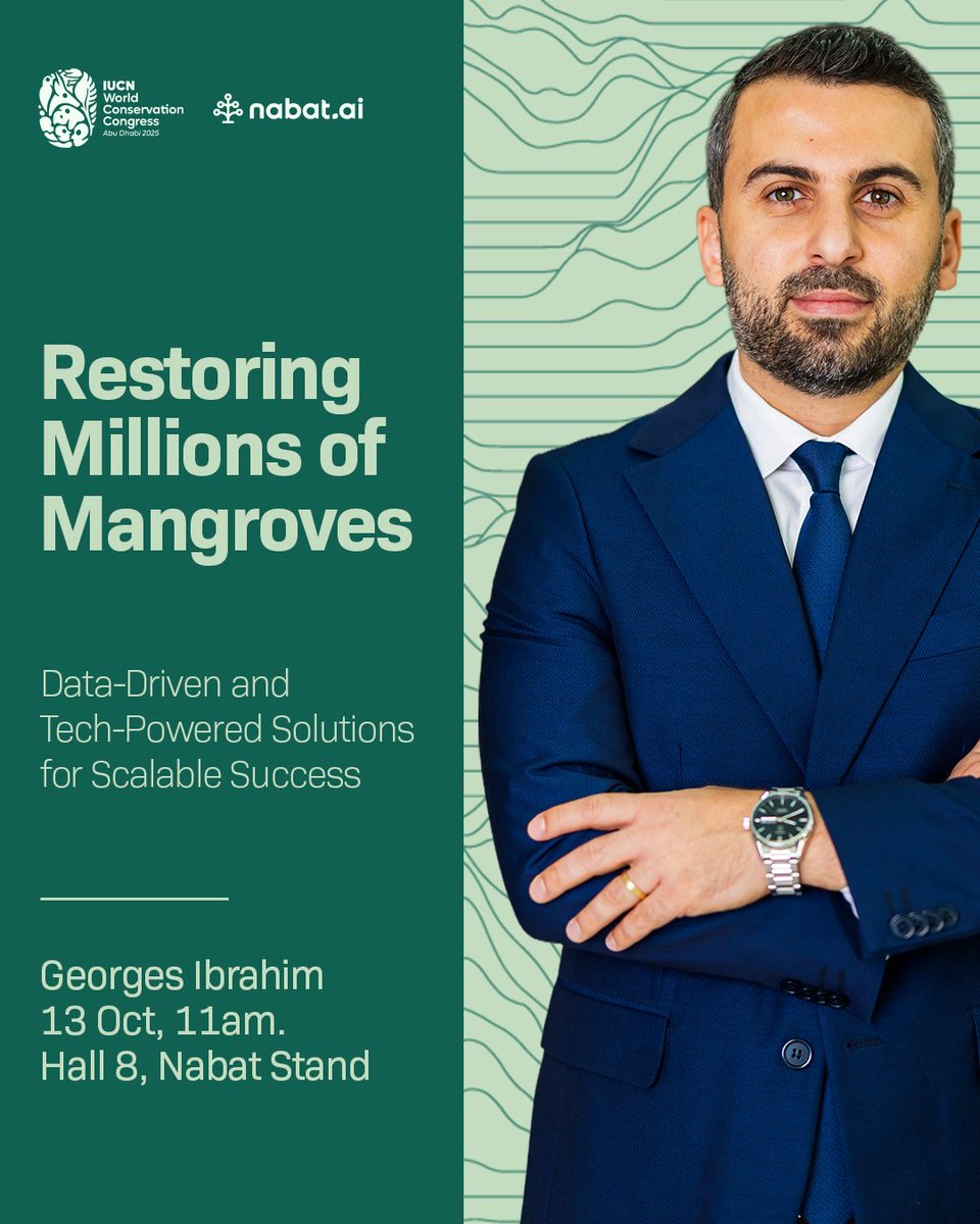 Nabat_ai's tweet image. Mangroves are disappearing faster than they can recover.   

At #IUCN2025, Georges Ibrahim, Nabat’s VP of Operations, will share how robotics &amp;amp; data-driven systems enable large-scale restoration.  

Oct 13, 11 AM | Nabat stand, Abu Dhabi 
#Nabat #AIForNature #EcosystemRestoration