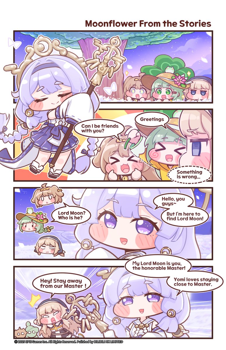 [Official 4-Panel Comics]
[Moonflower From the Stories]
💜Yomi dances gracefully under the bright moonlight.
🌙According to Ner, priestesses that shadow the moon are just old tales...

#Trickcal
——
≡ Official Website ≡trickcal.biligames.com/en/ 
≡ App Store/Google Play