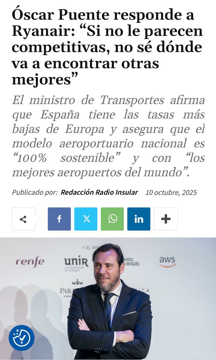 Querido  <a href="/oscar_puente_/">Óscar Puente</a> estas declaraciones están muy bien.Pero cuando una cia aérea tiene el monopolio y al irse deja aislada a las comunidades españolas debería de preocuparle un poco.Cómo va a mejorar nuestra comunicación? Galicia, Asturias, Cantabria… y todos estos empleos?