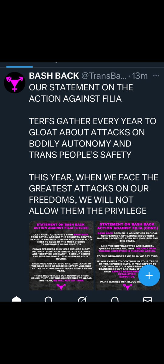 KnottyProblemEn's tweet image. Irony, thy name is Bash Back.

'Be kind' they said.
'Your words are violence' they said.

Committing actual violence against a group of women gathering to discuss, amongst other things, VAWG is quite something.

I suppose, 'be kind' doesn't apply to them, no?