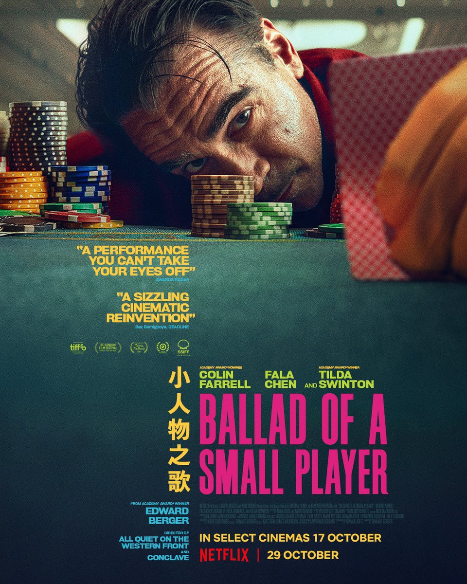 teasertrailer's tweet image. Ballad of a Small Player - movie trailer: teaser-trailer.com/movie/ballad-o…

Starring Colin Farrell, Fala Chen, Deanie Ip, Alex Jennings, Tilda Swinton

Release date: October 29, 2025 (Netflix)

#BalladofaSmallPlayer #BalladofaSmallPlayerMovie #ColinFarrell