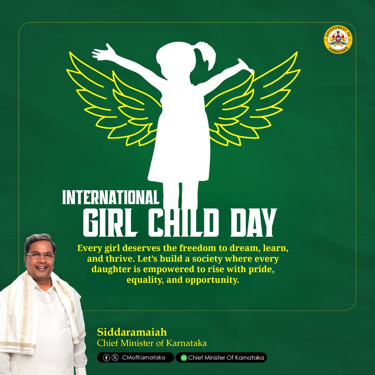 siddaramaiah's tweet image. Every girl deserves a world where her dreams are limitless and her dignity unquestioned.

Let’s work together to eliminate barriers, ensure safety, and expand opportunities - so every girl can rise with confidence and shape the future she deserves.

#InternationalGirlChildDay