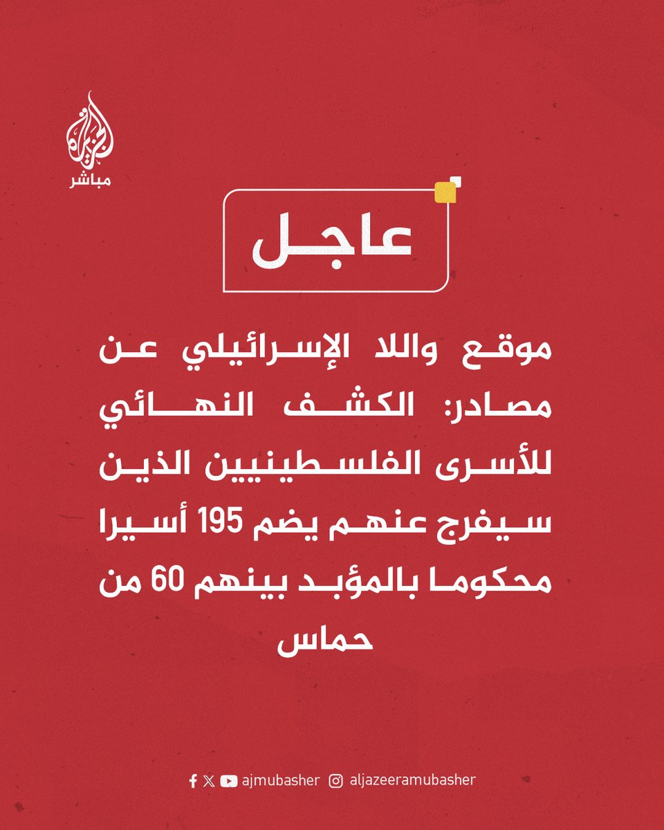 ajmubasher's tweet image. عاجل | موقع واللا الإسرائيلي عن مصادر: الكشف النهائي للأسرى الفلسطينيين الذين سيفرج عنهم يضم 195 أسيرا محكوما بالمؤبد بينهم 60 من حـ،ـمـ،ـاس
#صفقة_التبادل
#غزة #الجزيرة_مباشر