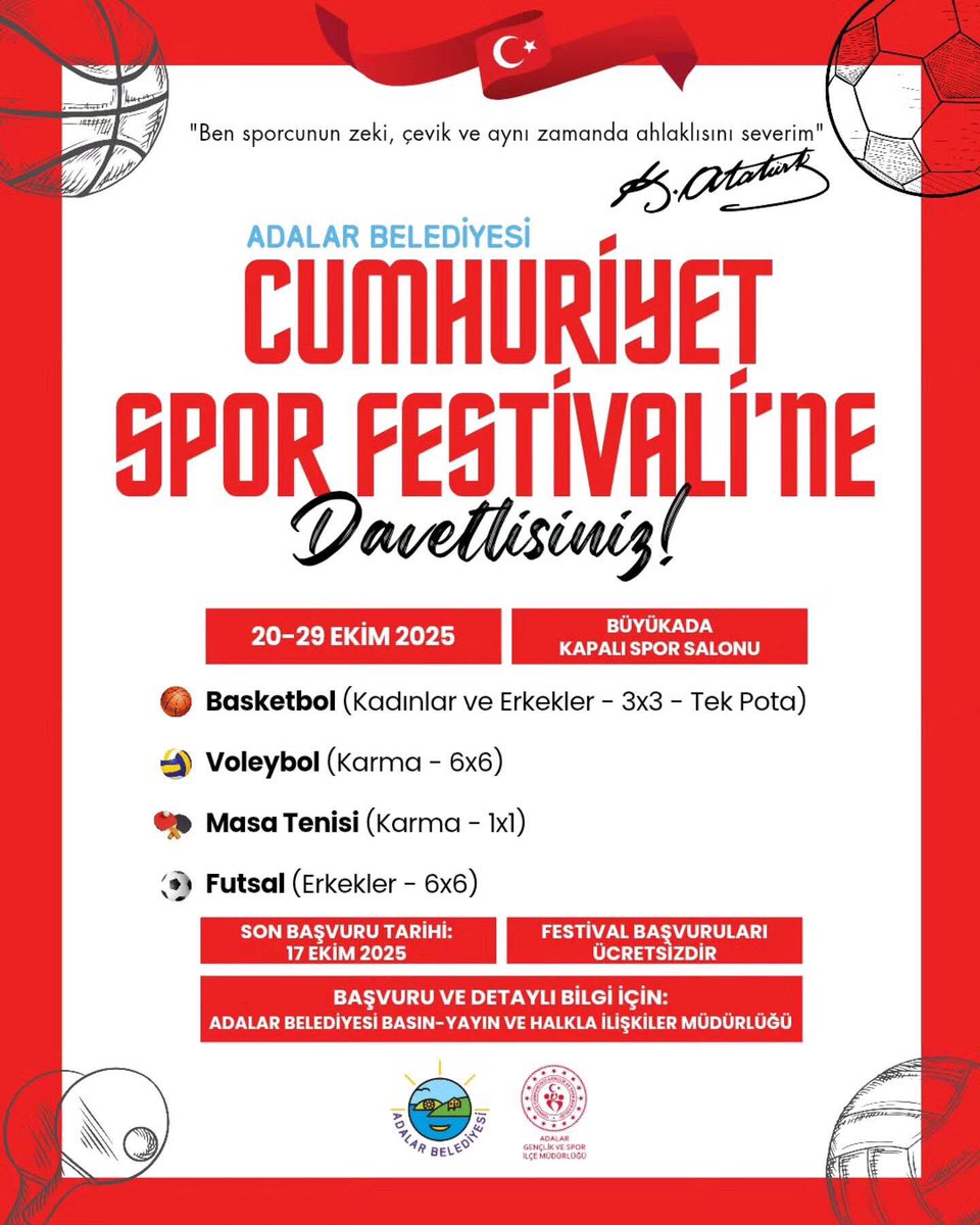 “🇹🇷🏀🏐🏓⚽️
Cumhuriyet’in coşkusunu sporun birleştirici gücüyle yaşıyoruz!

Başvuru ve detaylı bilgi için:
Adalar Belediyesi Basın-Yayın ve Halkla İlişkiler Müdürlüğü (Kozalak Sokak No:1 Büyükada)”

<a href="/adalarbld/">Adalar Belediyesi</a>