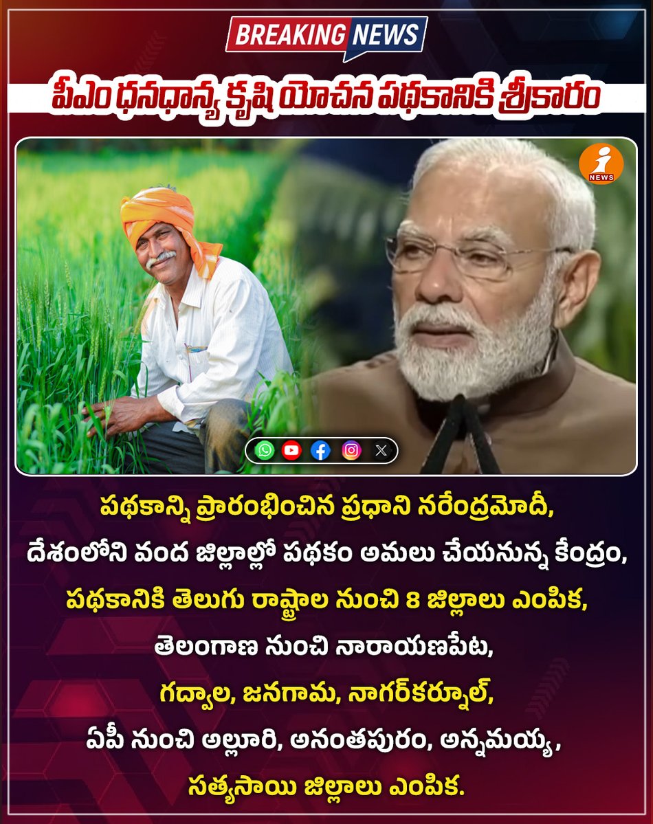 inewstelugu's tweet image. ఢిల్లీ: పీఎం ధనధాన్య కృషి యోచన పథకానికి శ్రీకారం
పథకాన్ని ప్రారంభించిన ప్రధాని నరేంద్రమోదీ
దేశంలోని వంద జిల్లాల్లో పథకం అమలు చేయనున్న కేంద్రం
పథకానికి తెలుగు రాష్ట్రాల నుంచి 8 జిల్లాలు ఎంపిక
| iNews

#pmmodi #dhandhanyakrushi #Scheme #inews #inewstelugu