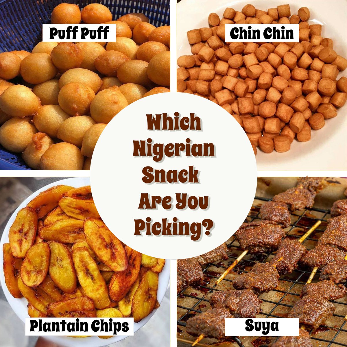 CHTFun's tweet photo. 🍴 Nigeria’s Favorite Snack Showdown!
Which one’s your No.1 pick? 👇

1️⃣ Puff Puff — soft &amp; sweet
2️⃣ Chin Chin — crispy delight
3️⃣ Plantain Chips — crunchy vibes
4️⃣ Suya — spicy &amp; smoky

🍯 Cast your vote and see which snack wins the crown!
#CardHubTop #NaijaSnacks  #foodlovers https://t.co/wv1bf5idR8