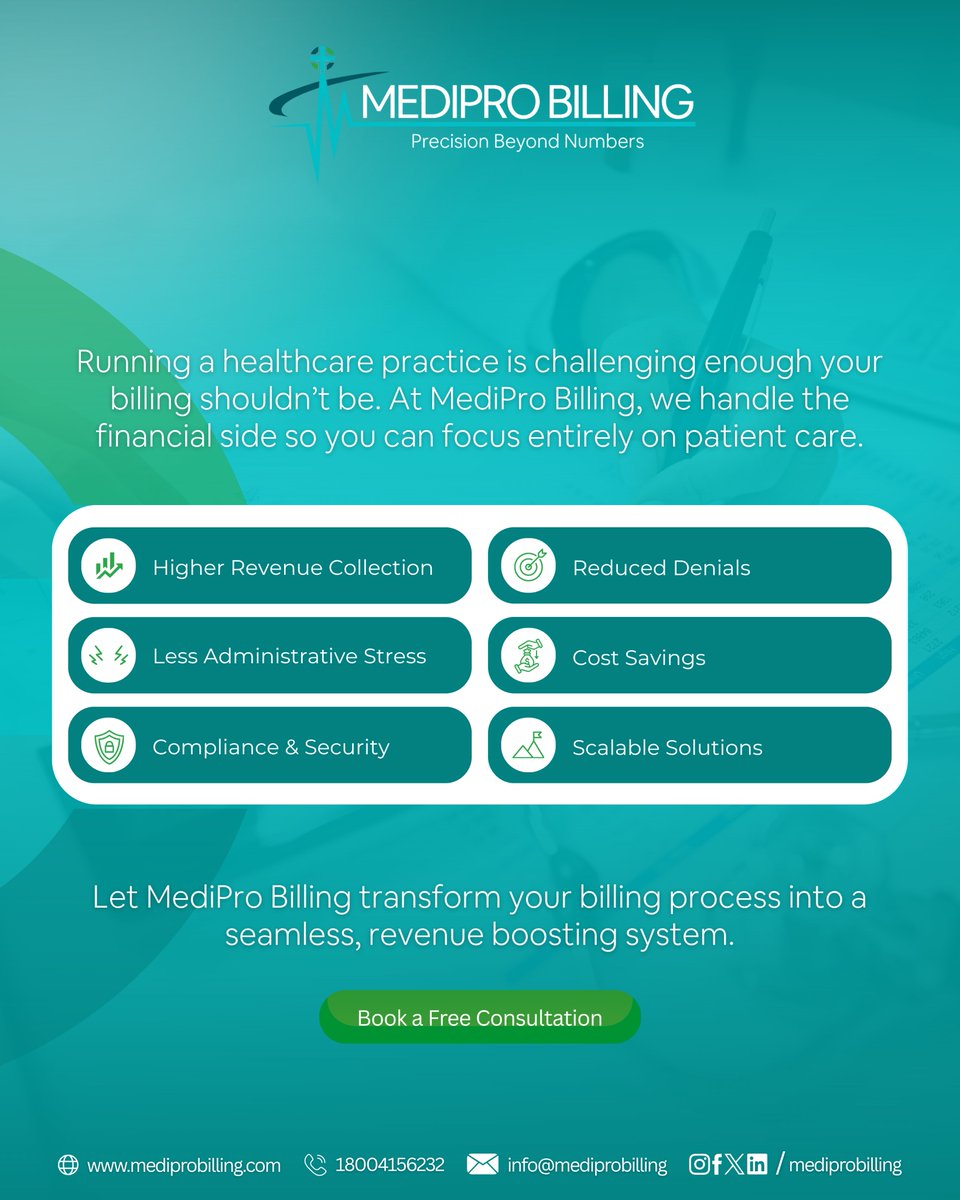 mediprobilling's tweet image. Texas healthcare providers simplify your billing, not your standards. 💼

With MediPro Billing, you get:
✔️ Higher Revenue
✔️ Fewer Denials
✔️ Seamless RCM Solutions

Focus on patients. We’ll handle the rest.

#medicalbilling #billingandcoding #Healthcare   #texas #mediprobilling