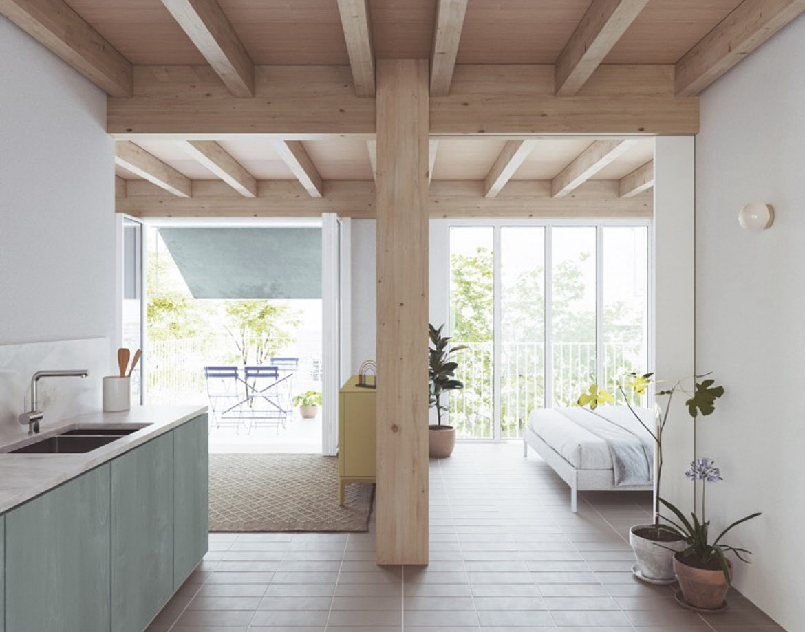 Competition winning design for 22 social housing apartments in Barcelona.

Super compact core (look at the stair!), with mini courtyards cut in for light and air. Would be good to see more space for storage. 

Mass timber structure, and lots of shading too. By Yaiza Terre.