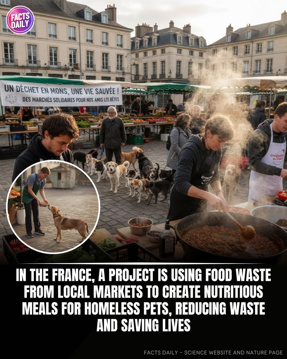 domdyer70's tweet image. In France, a wonderful initiative is tackling two major issues at once: food waste and animal homelessness! A new project is collecting unused but perfectly good food waste from local markets and transforming it into nutritious meals for homeless pets.

This innovative program…