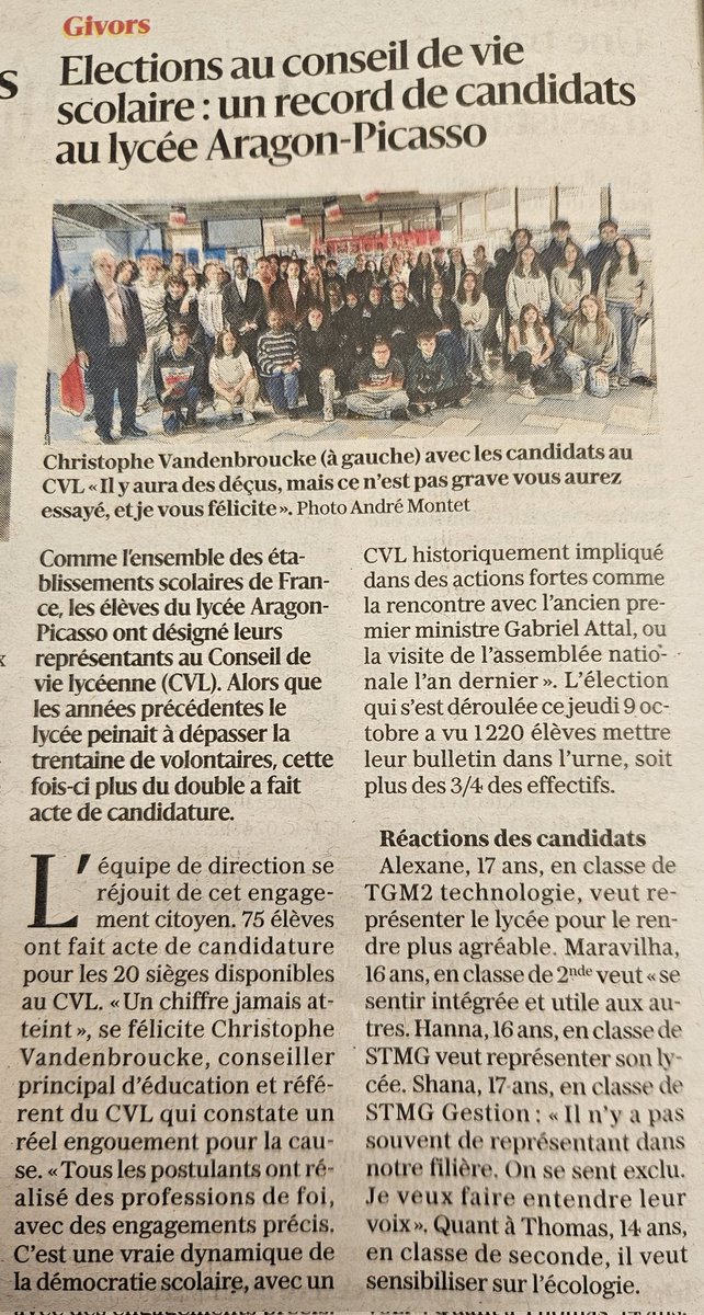 ChristVdbPro's tweet image. 🗳️ Une belle leçon de démocratie lycéenne !
Plus de 80 % des élèves, soit 1260 votants, ont participé cette année à l’élection du CVL 👏
76 candidats au CVL

Bravo à toutes et à tous pour cette mobilisation exemplaire ! 💪🎓
@academielyon
