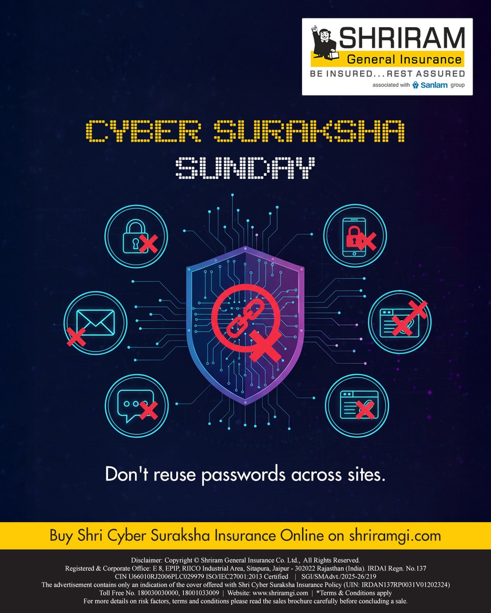 Shriram_GI's tweet image. Cyber Suraksha Sunday
Stay one step ahead of cyber threats - protect yourself and your loved ones with these simple yet powerful cyber safety tips:

#CyberSurakshaSunday #CyberSafety #OnlineSecurity #StaySafeOnline #DigitalProtection #ShriramGeneralInsurance #ShriramGI