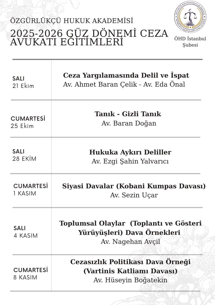 📢 Özgürlükçü Hukuk Akademisi’nin 2025-2026 Güz Dönemi Ceza Avukatı Eğitimleri başlıyor.

📌 Özgürlükçü Hukuk Akademisi eğitimlerimiz hukuk fakültesi öğrencileri ile stajyer avukatlara yöneliktir.  

📌 Katılımcılara eğitim sertifikası takdim edilecektir.

📍Özgürlükçü Hukuk