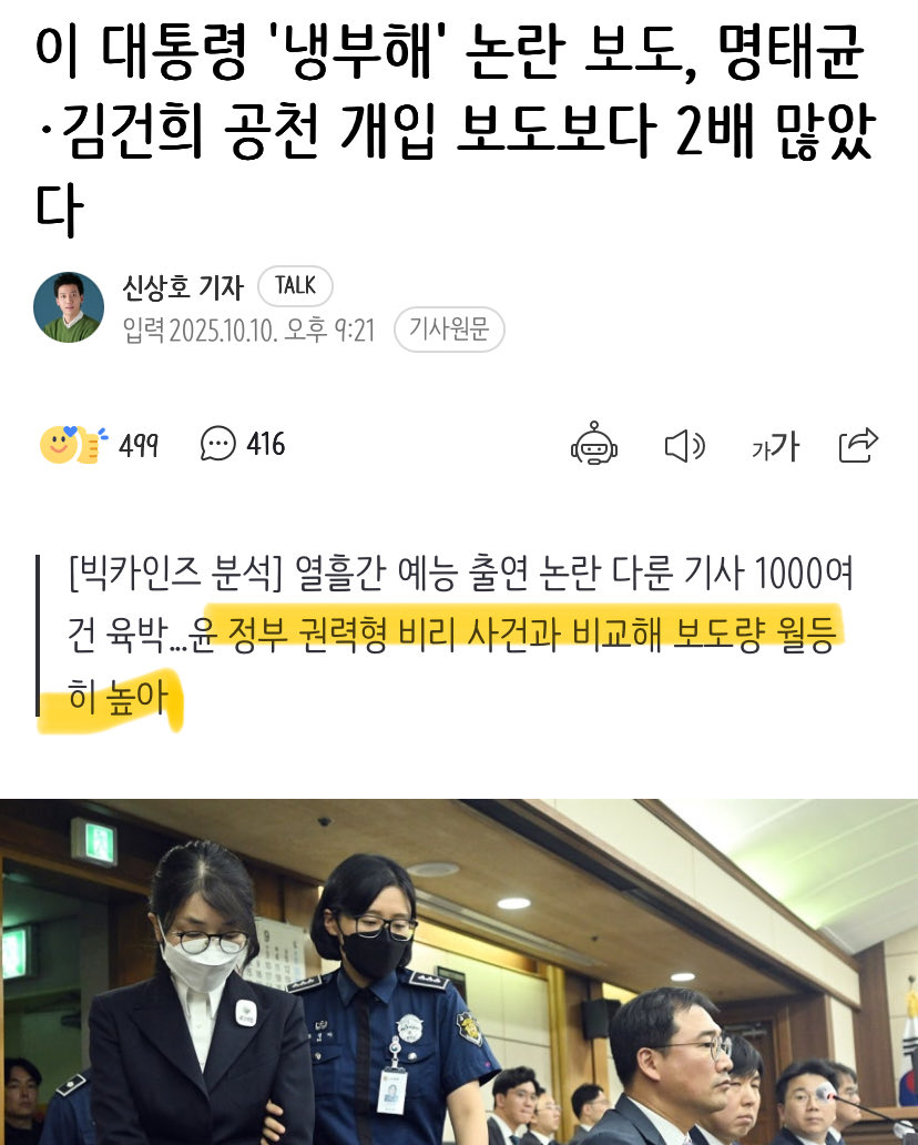 냉부해 관련 보도 열흘간 992건
김건희-명태균 공천개입 489건
채해병 수사외압 276건

기레기들 수준 시⃫발⃫