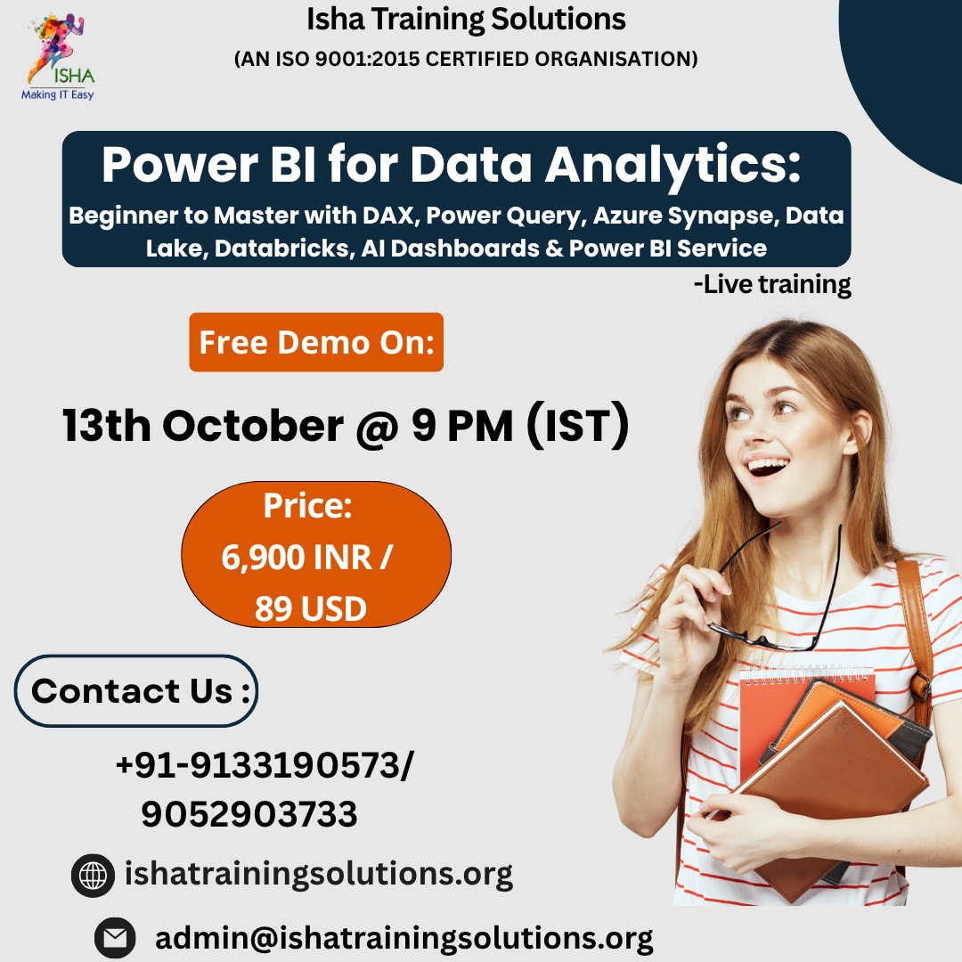 IshaKumargupta's tweet image. Isha Training Solutions presents “Power BI for Data Analytics– Live Training”.
Free Demo:
13th Oct @ 9PM(IST)/13th Oct @ 11:30AM (EST)
you can register by joining the below Link
docs.google.com/forms/d/e/1FAI…
 pls call/WhatsApp @ +91-91331 90573/8977922427

#PowerBI #AzureSynapse #DAX
