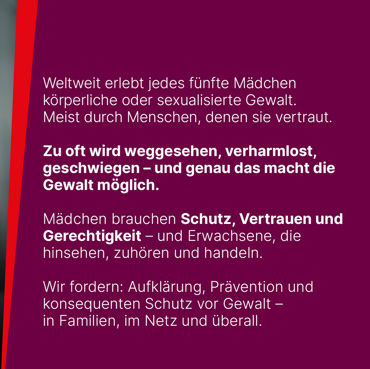 Jedes fünfte Mädchen erlebt körperliche oder sexualisierte Gewalt – meist im eigenen Umfeld.
Wegsehen schützt Täter. Schweigen macht Gewalt möglich. Wir fordern Schutz, Aufklärung und Gerechtigkeit.
#Weltmädchentag #DieLinke #SachsenAnhalt