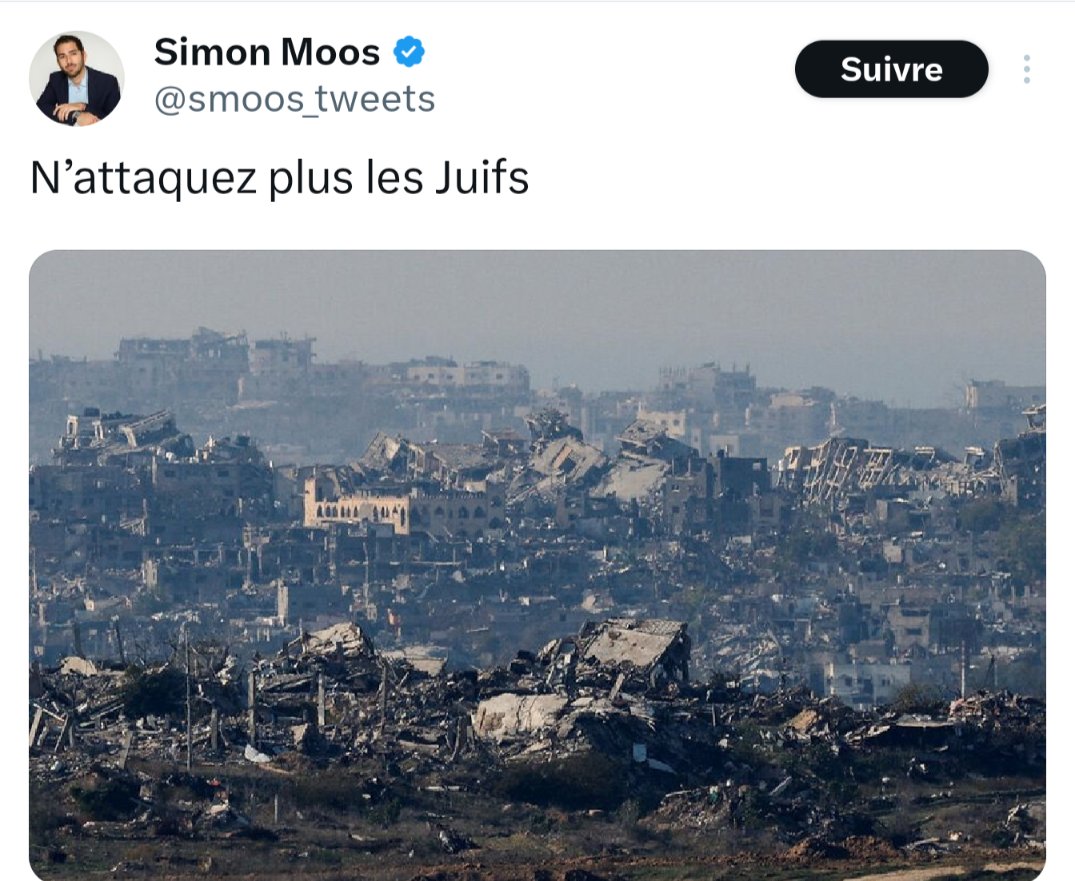Qu'est-ce qu'on aurait dit si, le 8 octobre, quelqu'un avait posté une photo d'un kibboutz détruit, avec la légende "N'attaquez plus les Palestiniens" ?
Que c'était une sombre merde.
Donc, on peut en déduire que Simon Moos est une sombre merde.
(Si vous ne le saviez pas déjà)